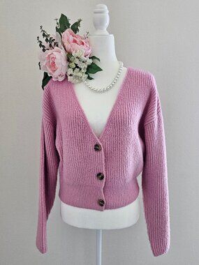Pink Cropped Cardigan – Soft Knit – Button Front